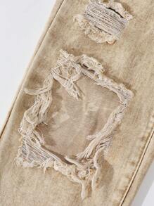 SHEIN Tween Girl' Front Button Pocket Distressed Casual Denim Jeans - Khaki - View 6