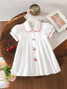 SHEIN 女宝宝夏季可爱刺绣樱桃撞色领带织带泡泡短袖白色连衣裤连衣裙 - 白色 - 查看 5