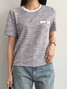 DAZY 女式纯色拼布圆领短袖口袋休闲格纹上衣 - 灰色 - 查看 8