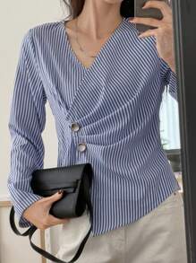 DAZY Women's Striped Waist Cinching Long Sleeve Blouse, Latest Summer Design