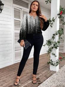 SHEIN Clasi Blusa holgada casual con cuello de ojal, mangas farol y patrón brillante, adecuada para otoño/invierno, talla grande