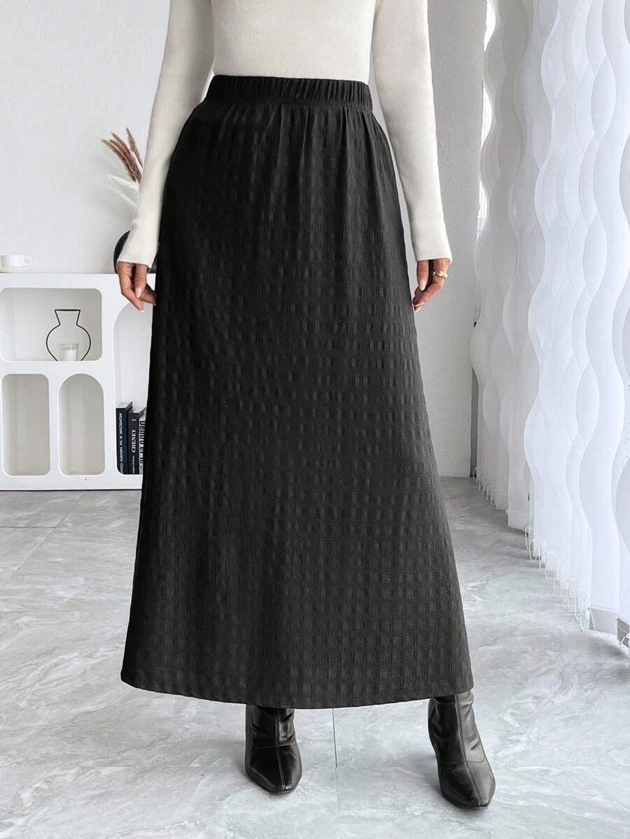 SHEIN Clasi 女士纯色松紧腰简约 A 字裙，休闲日常穿着 - 黑色 - 查看 1