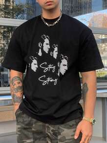 DAZY Summer Pixel People Portrait & Letter Print Black T-Shirt For Men,Graphic Tees - Black - View 6