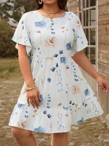 SHEIN LUNE Plus Size Round Neck Short Sleeve Floral Print Short Dress Festival Boho Style Holiday Dress, Outdoor Daily Wear Essential Sundress Holiday Wear Women Summer Wear Ladies Dress Elegant - White - View 4