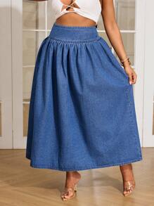 SHEIN SXY Vestido de verano estilo bohemio con falda vaporosa y abertura alta en denim de talla grande para mujer, conjunto de ropa de verano para vacaciones en la playa