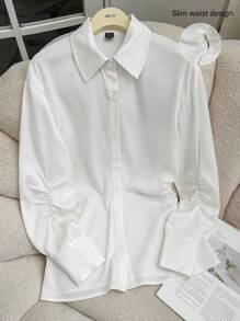 SHEIN Unity Camisa de mujer de manga larga con botones, fruncida y de unicolor elegante, adecuada para el uso diario y el trayecto al trabajo - Blanco - Ver 2