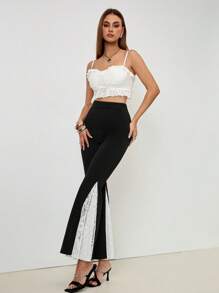 Chiquease Women Elegant Slim Fit Flared Pants With Ruffled Lace Detail, Suitable For Spring & Autumn Fall Cloth For Women - Black - View 1