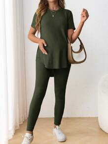 SHEIN Maternity Casual Round Neck Short Sleeve Side Slit T-Shirt & Elastic Waist Loose Pants 2 Pieces Set Casual Two Pieces Set - Army Green - View 6