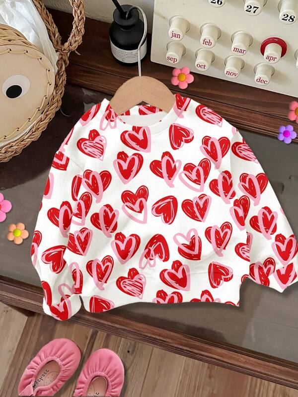 SHEIN Bonito padrão de coração rosa e vermelho pintado à mão, moletom de malha macia com gola redonda e casual para meninas