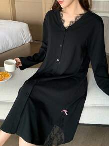 DAZY Women's Long Sleeve Loose Lace Patchwork Open Front Knitted Nightgown Pajama - Black - View 3