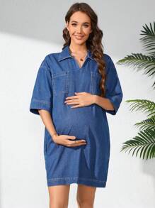 SHEIN Vestido vaquero casual de embarazo de manga corta con cuello vuelto y bolsillos dobles