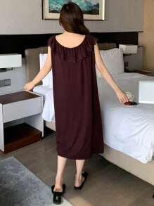DAZY Knitted Ruffle Lace Panel Sleeveless Casual Dress Loungewear, Moo Moo Pajama - Coffee Brown - View 2