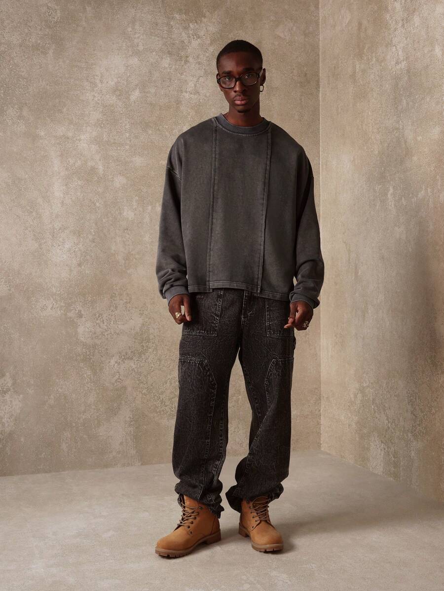 SUMWON Oversized Sweatshirt Vintage Washed Cotton Blend Exposed Seams Design Casual Streetwear Athletic Winter Pullover Grunge Style Workout Gym - Dark Grey - View 1