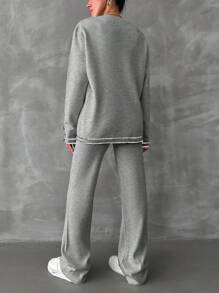 SHEIN Cottnline 2 件套女士纯色圆领长袖毛衣和针织裤，秋冬季休闲装 - 淺灰色 - 查看 2