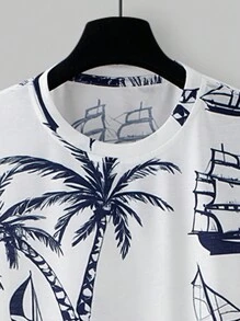 Manfinity RSRT Men's Palm Tree Print Crew Neck Short Sleeve Casual T-Shirt And Drawstring Waist Shorts Set, Vacation, Cozy Outfits - Multicolor - View 4