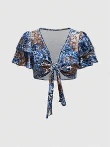 ROMWE Fairycore Y2K Vintage Leopard Floral Tie-Up Women Top - Black - View 1