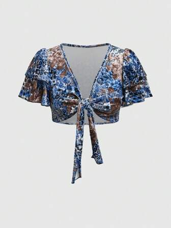 Fairycore Blusa de mujer con estampado de leopardo y flores en estilo vintage Y2K con atar
