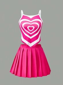 SHEIN Explorewe 心形吊坠上衣和百褶裙套装情人节服装少女女孩，玫瑰红色 - 玫紅色 - 查看 3