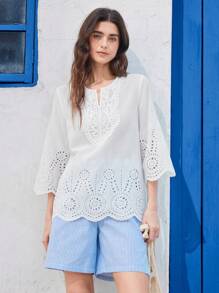 EMERY ROSE Women's Solid Color Contrast Lace Embroidered 3/4 Sleeve Casual Blouse