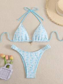 SHEIN Swim 2 Stück Bikini Set mit Dreiecksform und Trägern in Kokosbaum-Textur, mit Kokosbaum-Anhänger, süß & sexy Bademode für den Strandurlaub - Verschiedenfarbig - Übersicht 3