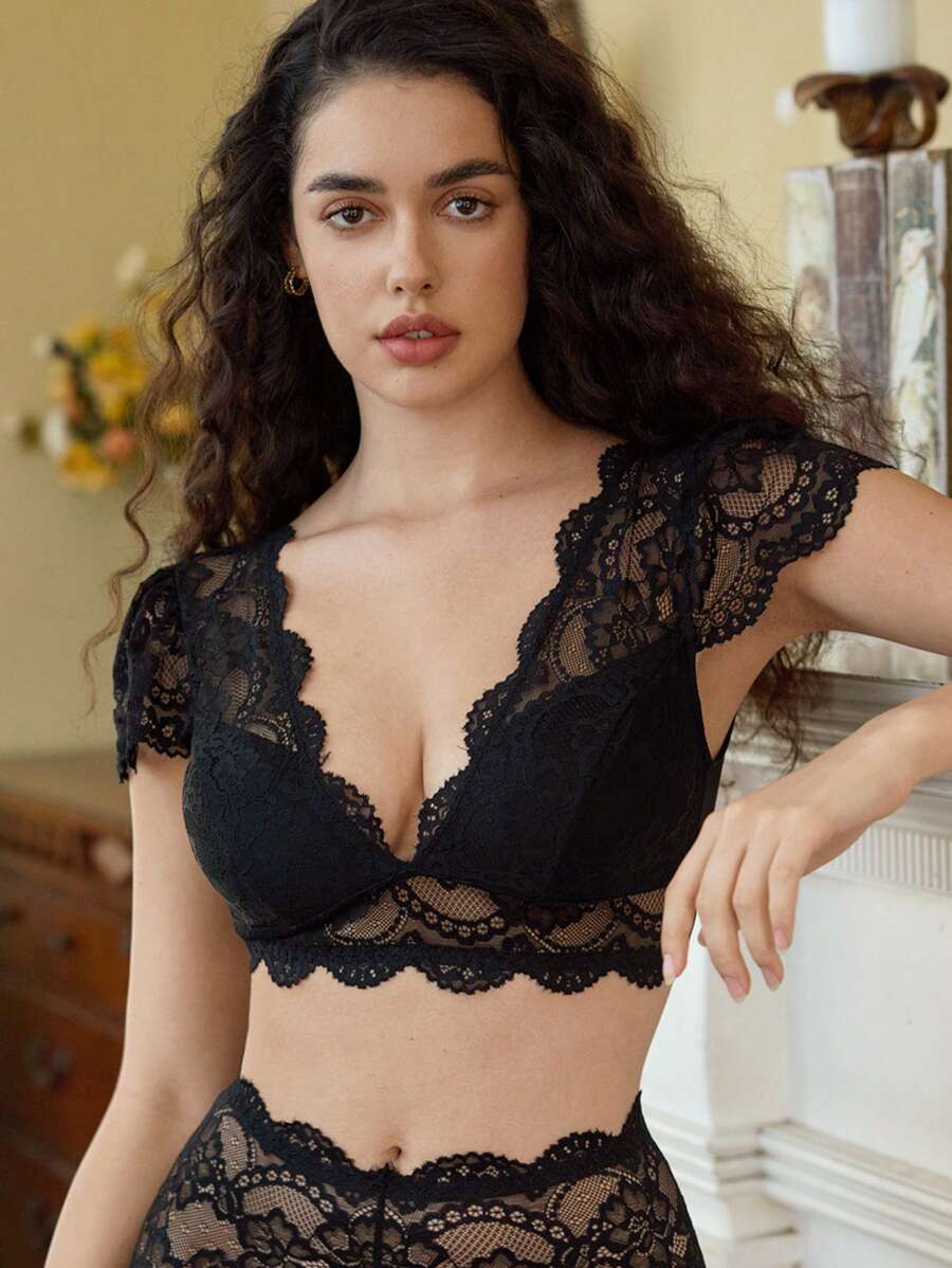 1pc Women Lace Bra, Minimalist Fashion Casual Daily Wear Lingerie - Black - View 1