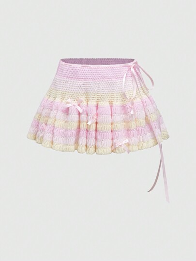 Kawaii Falda de punto para mujer con decoración de lazo en colores pastel dulces y lindos