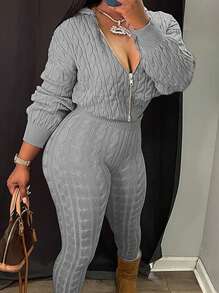 INAWLY 2 件女式休闲拉链纹理长袖毛衣和裤子套装，2 件 - 灰色 - 查看 1