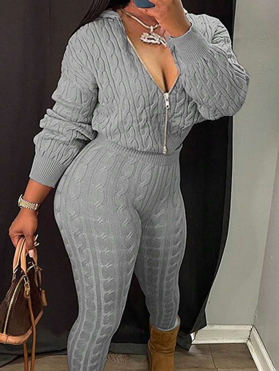 INAWLY 2 件女式休闲拉链纹理长袖毛衣和裤子套装，2 件 - 灰色 - 查看 1