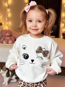 SHEIN Leopard Bow Cute Cat Young Girls Cozy Casual Thick Long Sleeve Pullover Sweatshirt, Suitable For Autumn/Winter, Girls Winter Clothes, Young Girl Winter Clothes, Girls Fall Clothes, Girls Fall Outfits, Young Girl Clothes Girls, Young Girl Costume - White - View 1