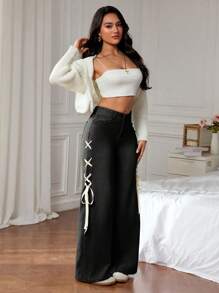 SHEIN EZwear Stylish Black Wide-Leg Jeans With Ribbon Lace-Up Detail - Black - View 7