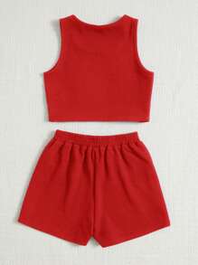 SHEIN Tween Girl Knitted Textured Crew Neck Loose Top And Shorts Casual Set