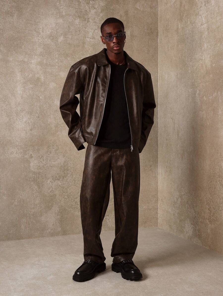 SUMWON 水洗褶皱阔腿溜冰裤做旧皮革外观宽松长裤秋冬个性下装街头时尚前卫设计休闲舒适 - 棕色 - 查看 1