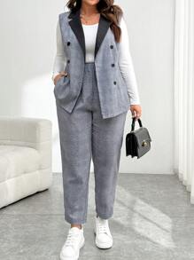 SHEIN Essnce Conjunto de dos piezas de chaleco y pantalón de cuadros azules en contraste para mujer de talla grande, con costura en el cuello, para uso diario y casual en primavera y otoño. Ropa de trabajo, conjunto de pantalones, ropa casual de negocios, ropa de primavera, ropa de oficina para curvas