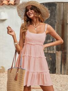 LanaWest 女士休闲度假镂空荷叶边吊带迷你连衣裙 - 粉色 - 查看 5