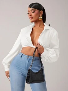 SHEIN SXY Cropped Lantern Sleeve Twist Front Sexy Blouse, Sexy Top - White - View 5