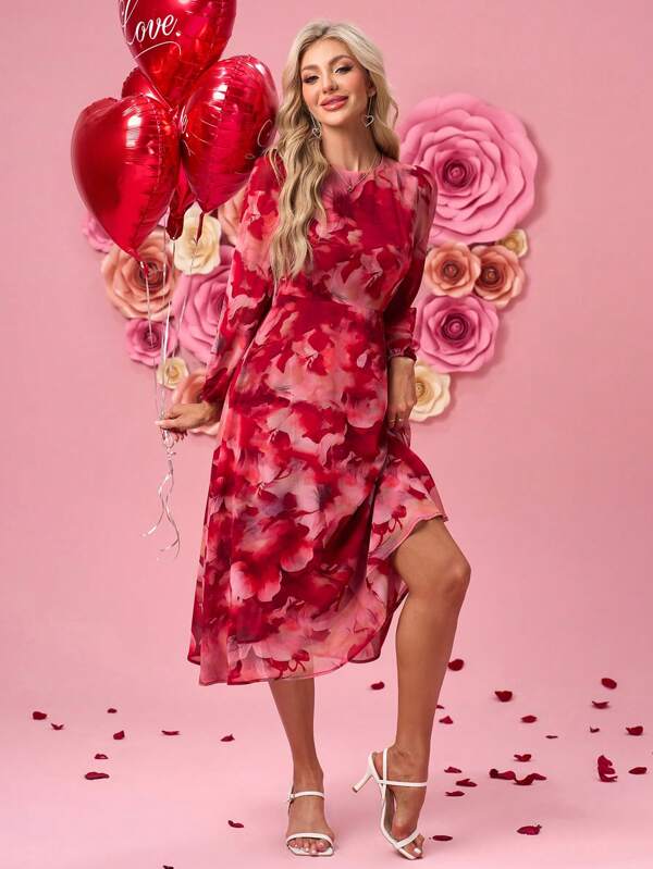 SHEIN Clasi Rochie de lungime mijlocie cu mânecă lanternă cu imprimeu floral pentru femei, rochie de Ziua Îndrăgostiților