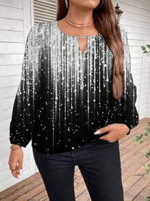 SHEIN Clasi Blusa holgada casual con cuello de ojal, mangas farol y patrón brillante, adecuada para otoño/invierno, talla grande