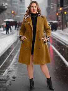 SHEIN Clasi 1 件女式加大码豹纹拼布双排扣口袋长袖夹克，优雅大方，秋冬