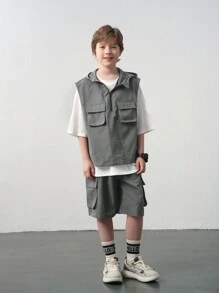 SHEIN 3pcs Tween Boy Casual Vest, Short Sleeve T-Shirt And Shorts Set