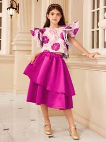 Conjuntos para niñas preadolescentes, Elegante parte superior con mangas con volantes de brocado metálico para niñas preadolescentes, irradia Charm y lujo como una pequeña princesa