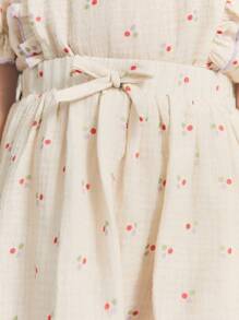 SHEIN 年轻女孩圆点印花弹性腰部撞色边饰喇叭形 A 字短裙 - 米色 - 查看 6