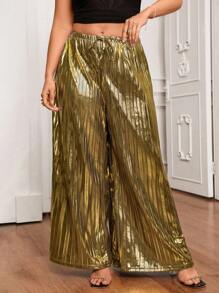 SHEIN VCAY Plus Size Gold Pleated Wide Leg Pants With Drawstring Elastic Waist Full Length Trousers, Glamorous For Party & Holiday - Gold - View 7