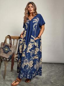 Freevana Váy họa tiết hoa cổ chữ V tay ngắn Boho cỡ lớn cho nữ, mùa hè - Màu xanh lam - Xem 4