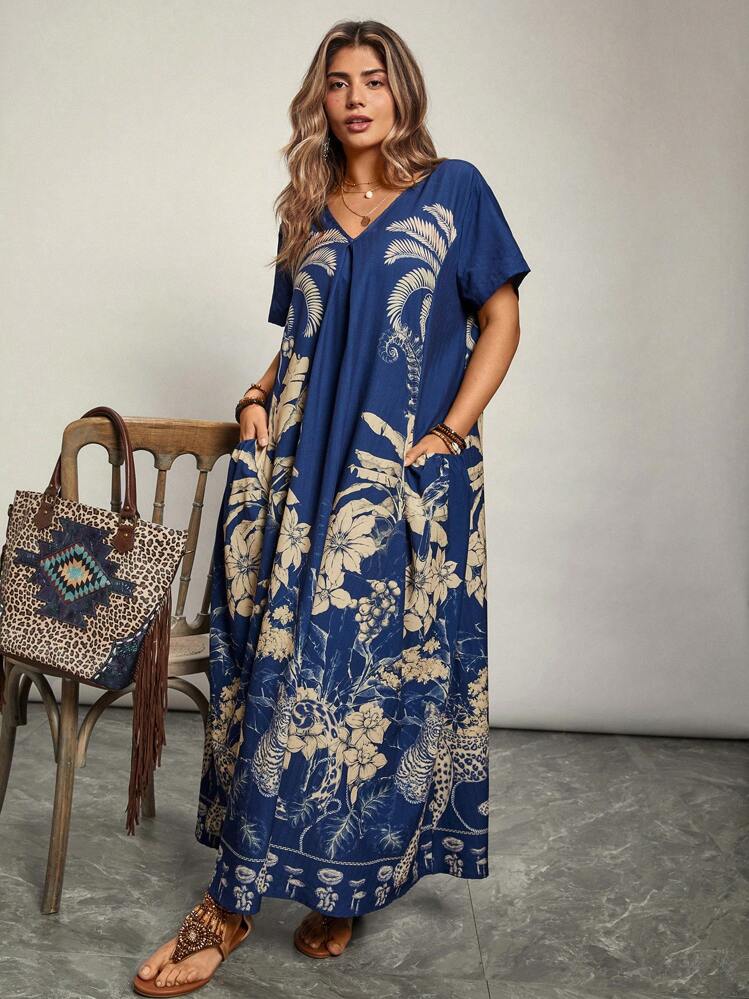 Freevana 大码女式波西米亚风 V 领短袖花卉印花连衣裙，适合夏季 - 藍色 - 查看 4