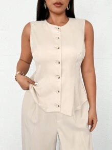 Celure 1 Set Plus Size Women Elegant Sleeveless Round Neck Blouse And Straight Leg Pants, 2 Pieces Set