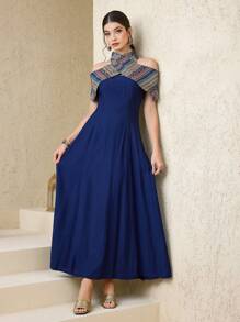 Al Najma 女式拼接几何图案露肩优雅阿拉伯连衣裙