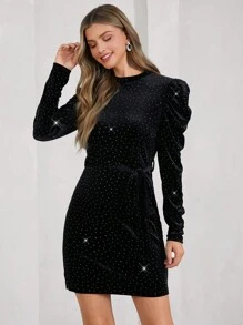 SHEIN Clasi 女士圆领长袖系带休闲天鹅绒闪亮派对连衣裙闪亮连衣裙 - 黑色 - 查看 3