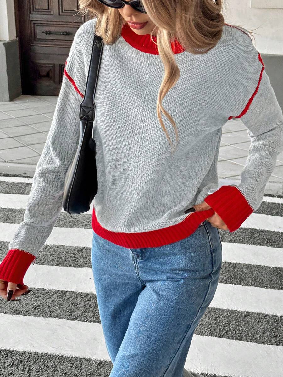 SHEIN Essnce Women Solid Color Patchwork Crew Neck Long Sleeve Casual Sweater - Multicolor - View 1