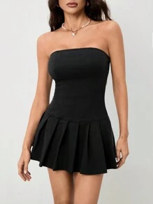 SHEIN Tall 春夏季女士露肩纯色褶皱简约连衣裙