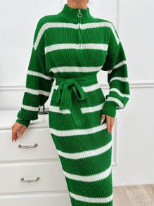 SHEIN Black & White Striped Extra Long Zipper Collar Fold-Over Design Basic Knit Sweater Dress For Women - Green - View 2